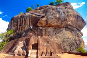 Looking up at the ancient rock fortress, Sigiriya