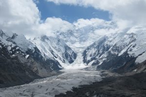 View of South Inylchek Glacier from flight to Karkara Base Camp