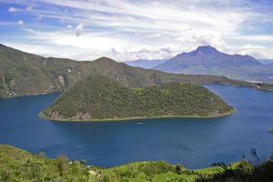 View of Cuicocha Lake on foot in Ecuador