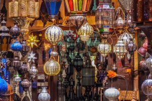 Marrakesh souk selling traditional Moroccan lights
