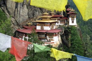 View of Taktsang Monastery with prayer flags, Paro